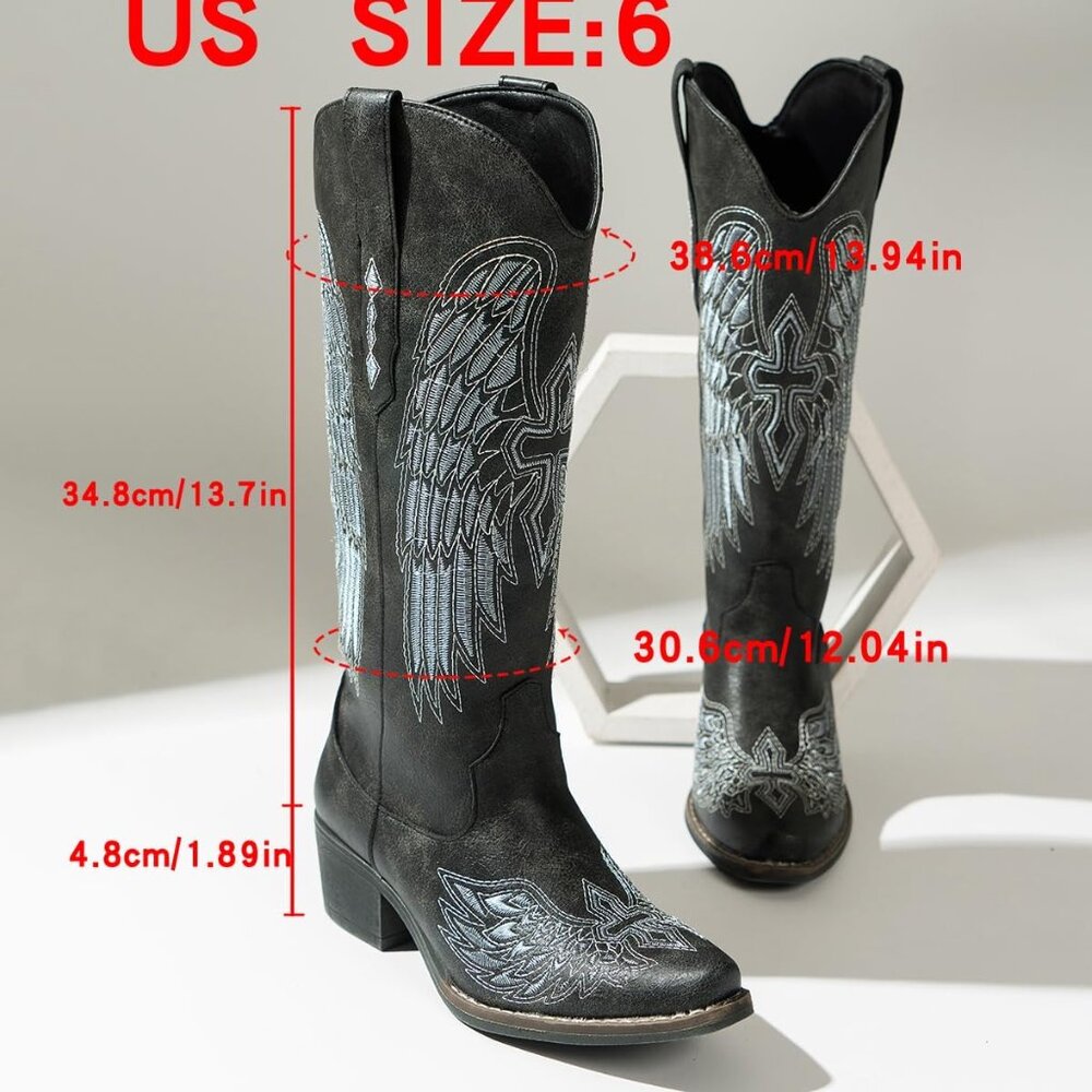 Women's Black Gothic Cross & Angel Wing Embroidered Mid Calf High Boots - Picture 6 of 6